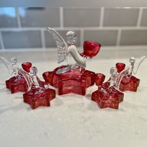 L.E. Smith “angelite” cranberry vintage glass angel candle holders-set of 5
